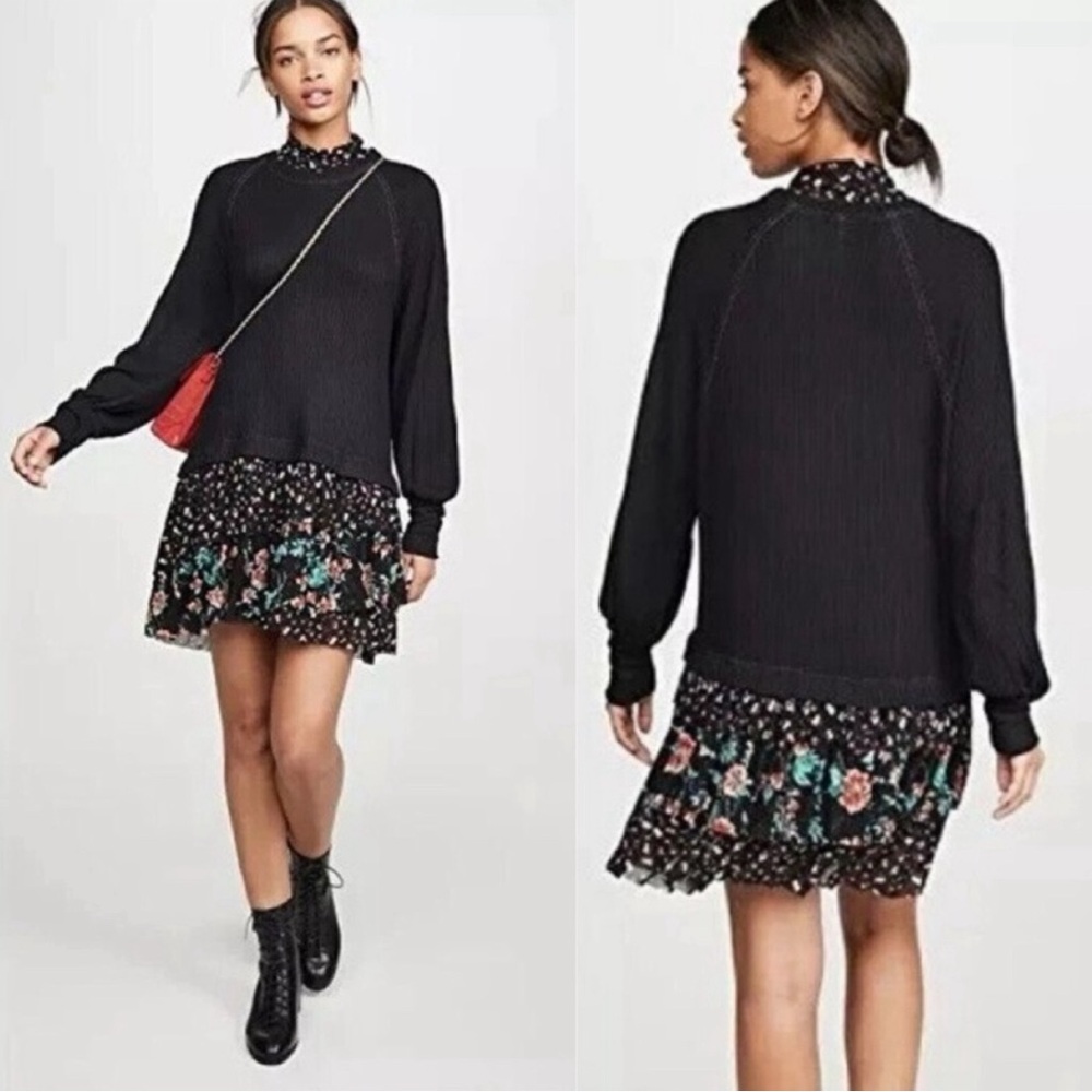 FREE PEOPLE OPPOSITES ATTRACT MINI DRESS BLACK FLORAL MEDIUM - Picture 2 of 5